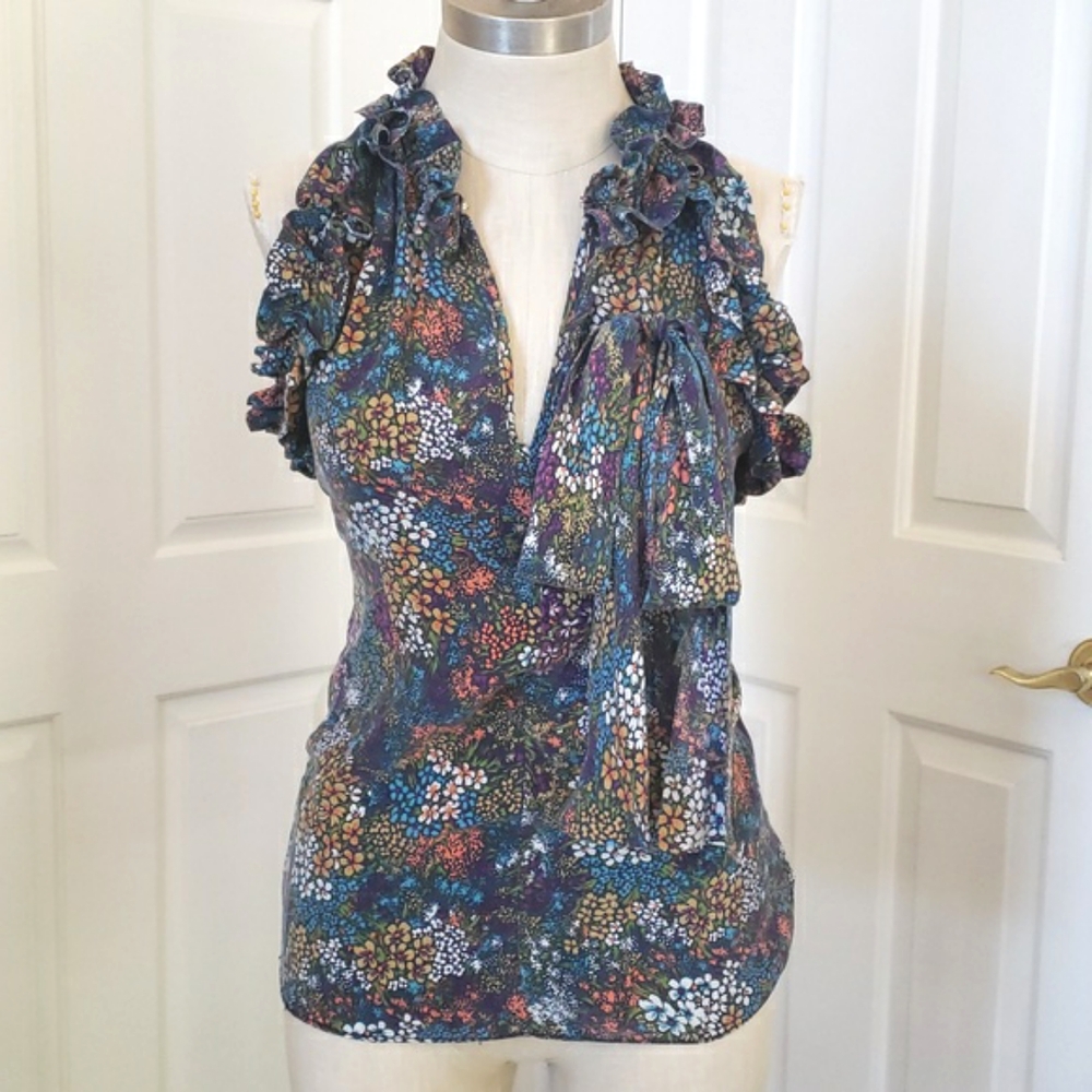 Vintage 90s Anthropologie LAPIS Silk Floral Ruffle Sleeveless Top Blouse